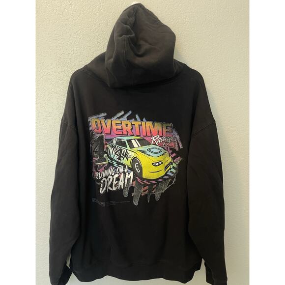 Overtime Hoodie Mens 2 XL Black Hooded Pullover Sweatshirt Racing Car Auto - Picture 1 of 9
